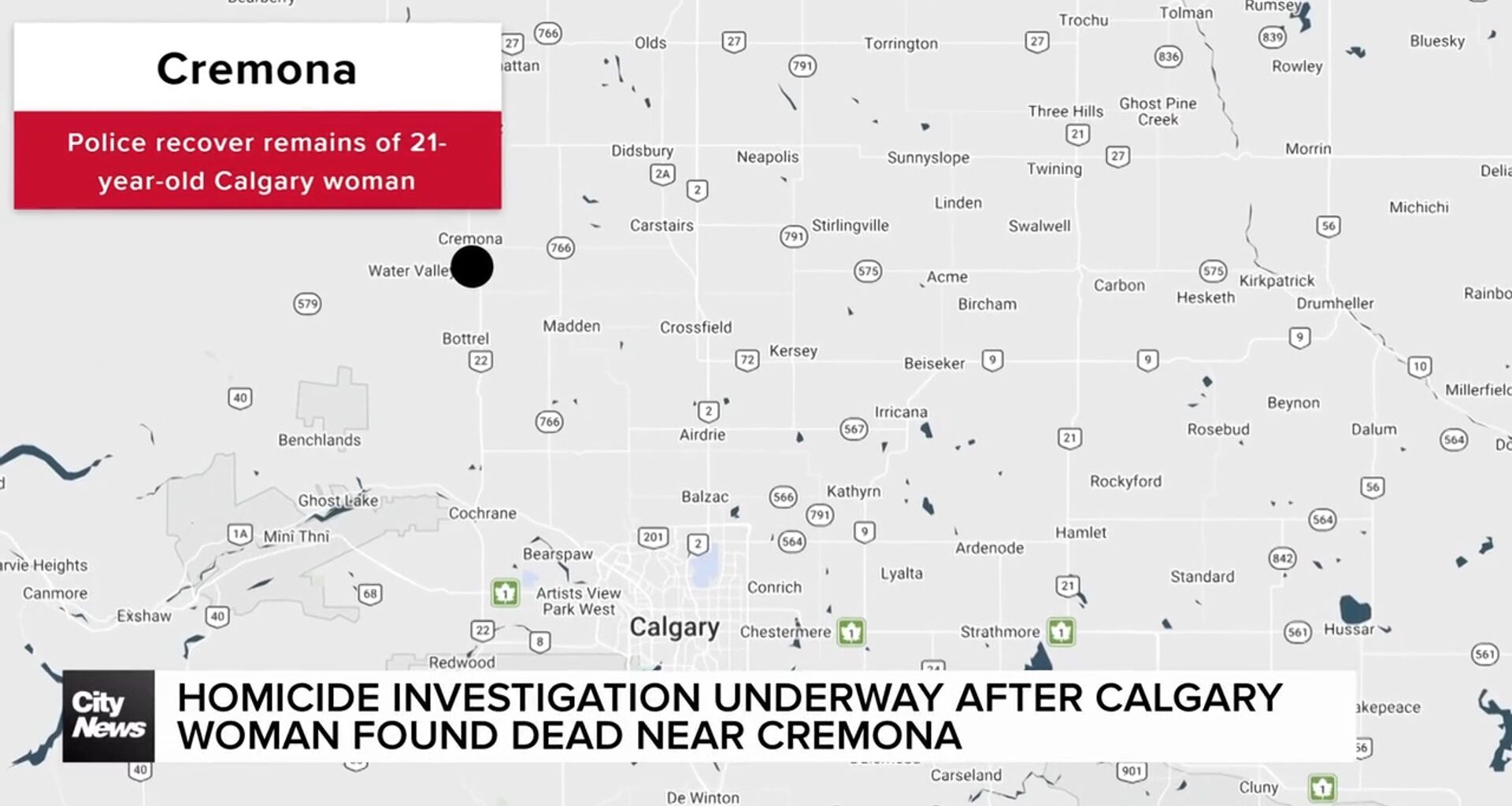 Homicide investigation underway after Calgary woman found dead near Cremona