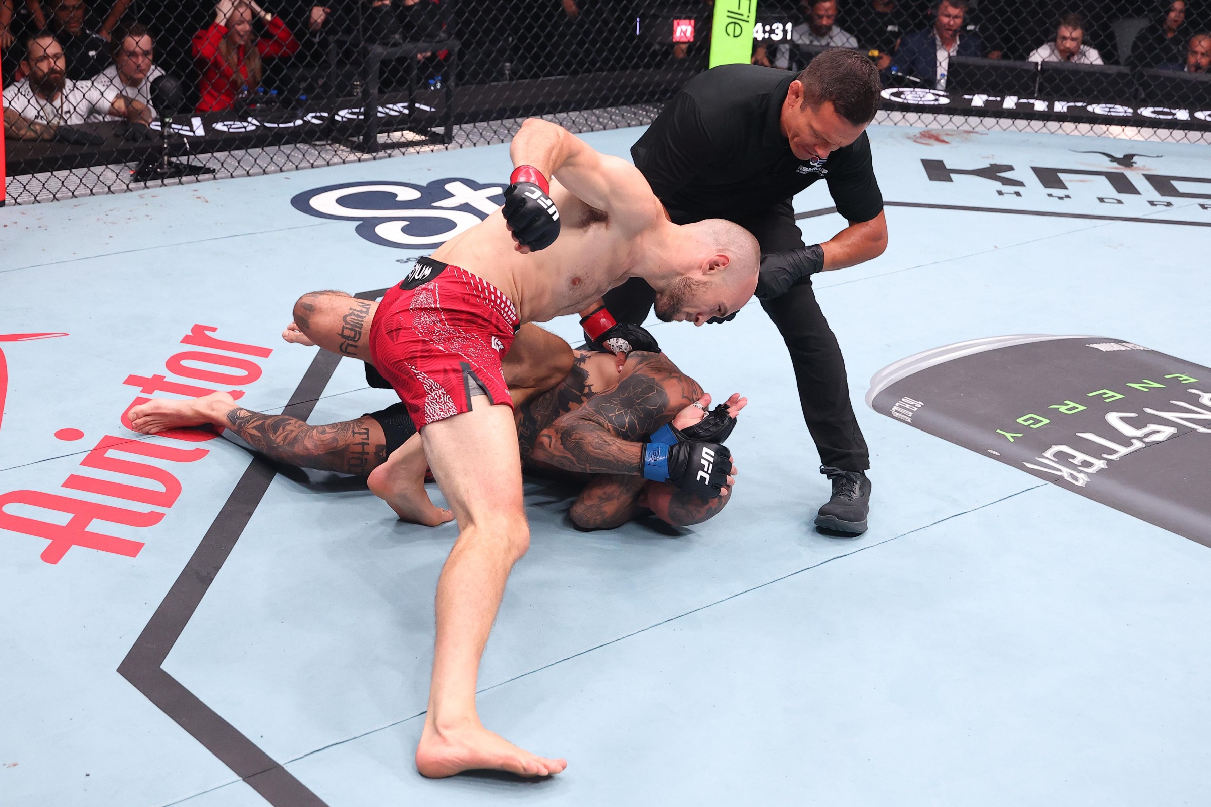 BELGRADE, SERBIA - AUGUST 01: Uros Medic of Serbia punches Daniel Rodriguez in a welterweight fight during the UFC Fight Night event at Belgrade Arena on August 01, 2026 in Belgrade, Serbia. (Photo by Ed Mulholland/Zuffa LLC)