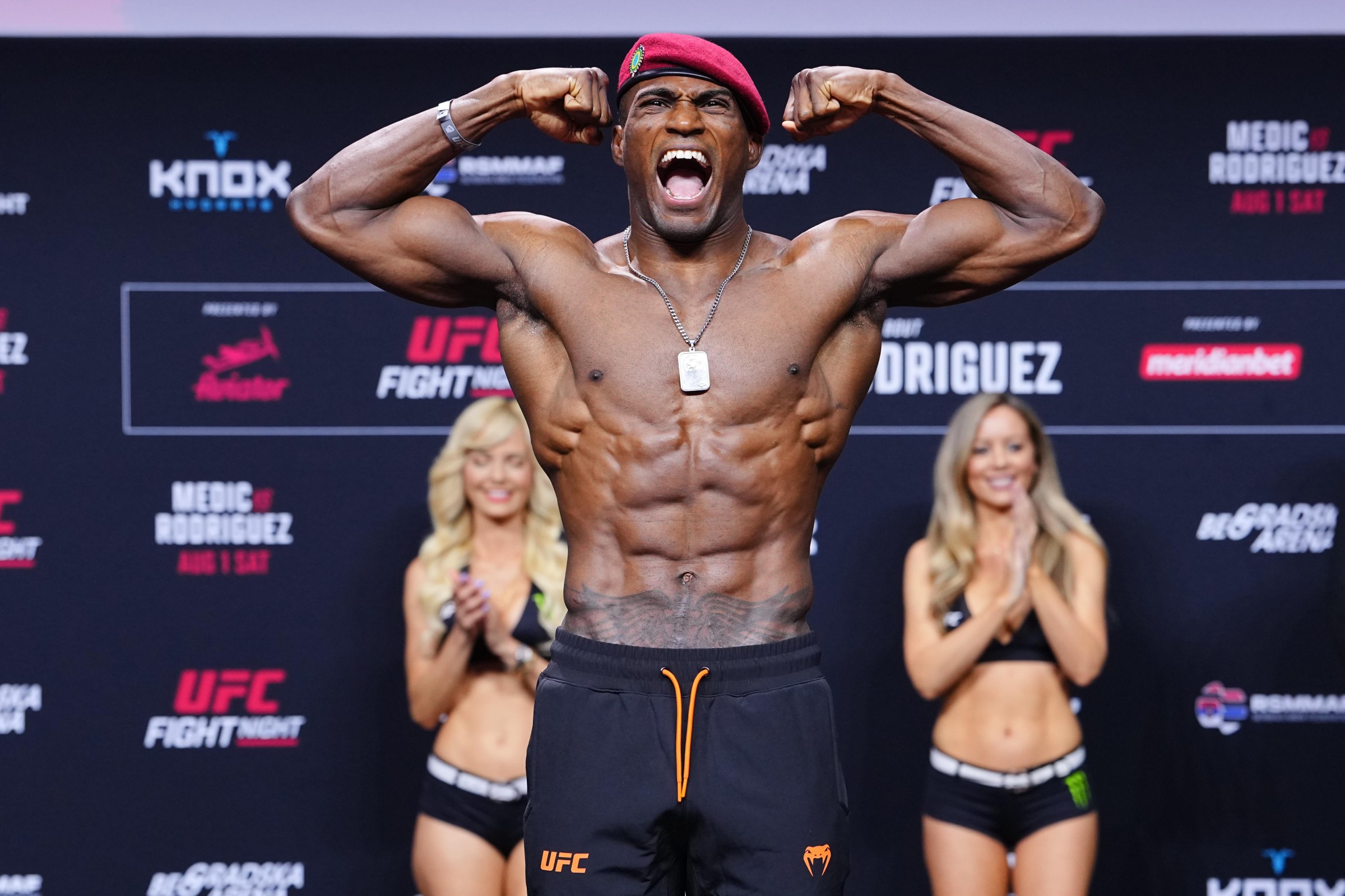 BELGRADE, SERBIA - JULY 31: Michael Oliveira of Brazil poses on the scale during the UFC Fight Night ceremonial weigh-in at Belgrade Arena on July 31, 2026 in Belgrade, Serbia. (Photo by Jeff Bottari/Zuffa LLC)