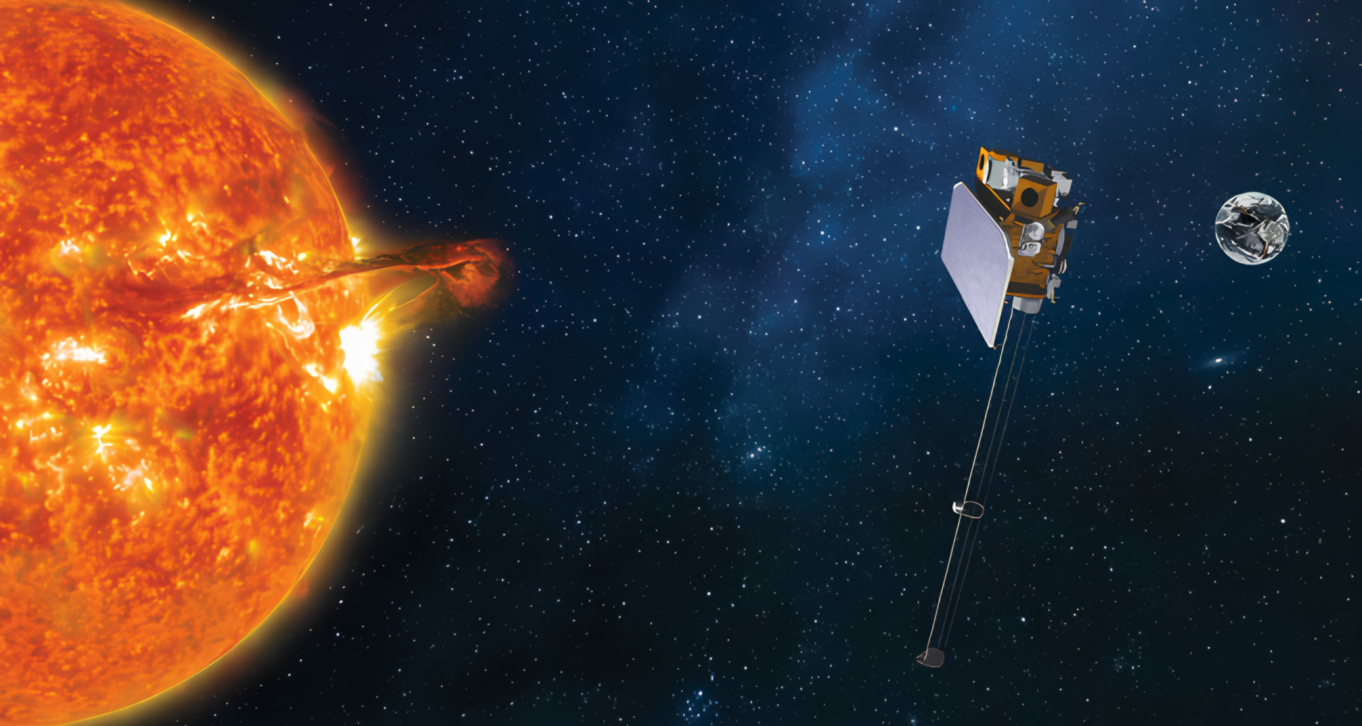 An illustration of the SOLAR-1 satellite positioned between the sun and the earth.