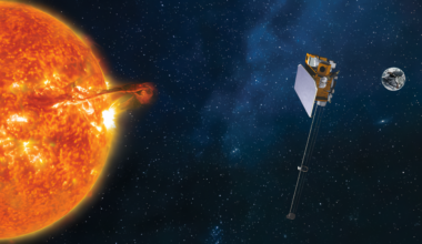 An illustration of the SOLAR-1 satellite positioned between the sun and the earth.