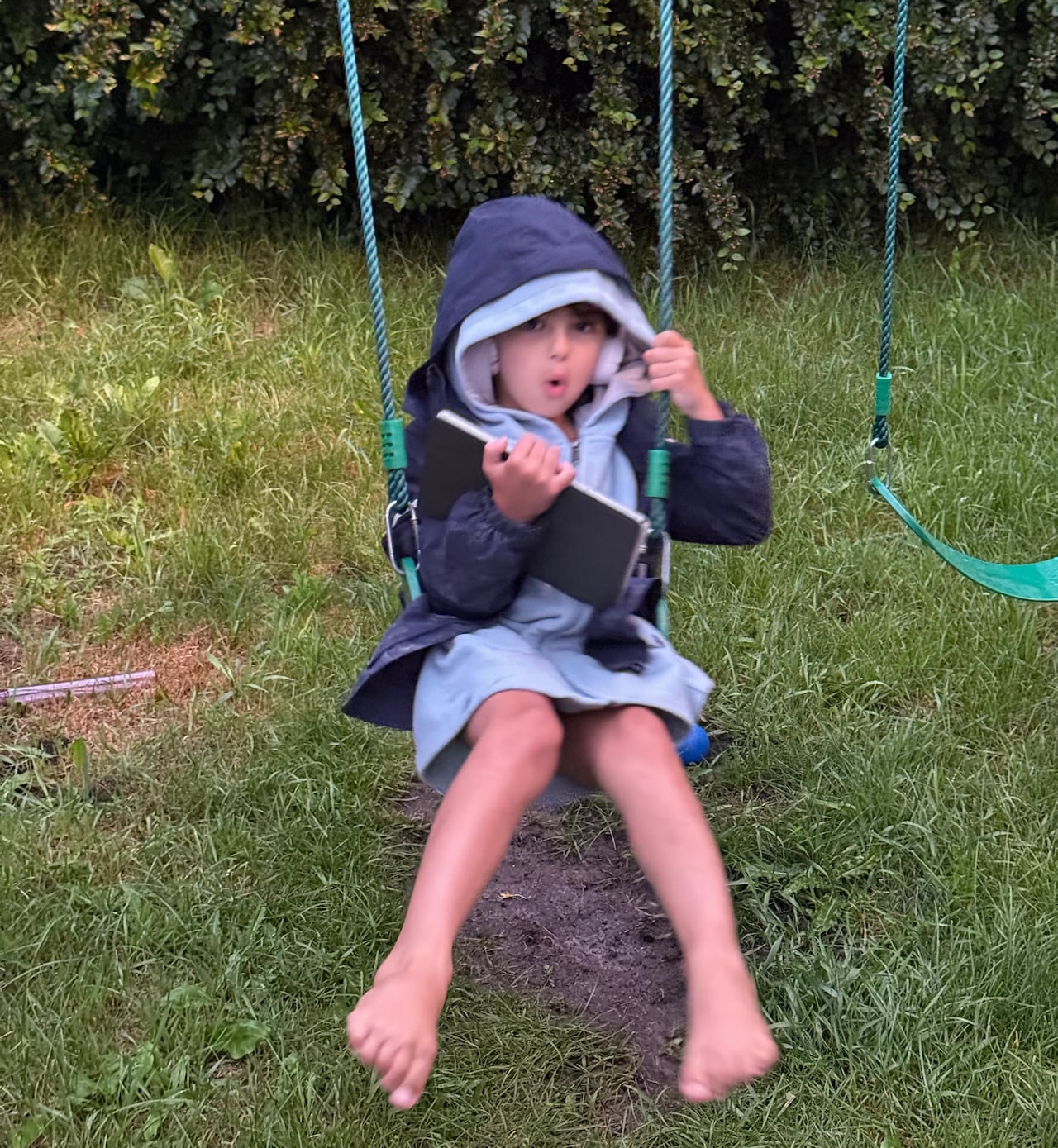 A young boy on a swing outside