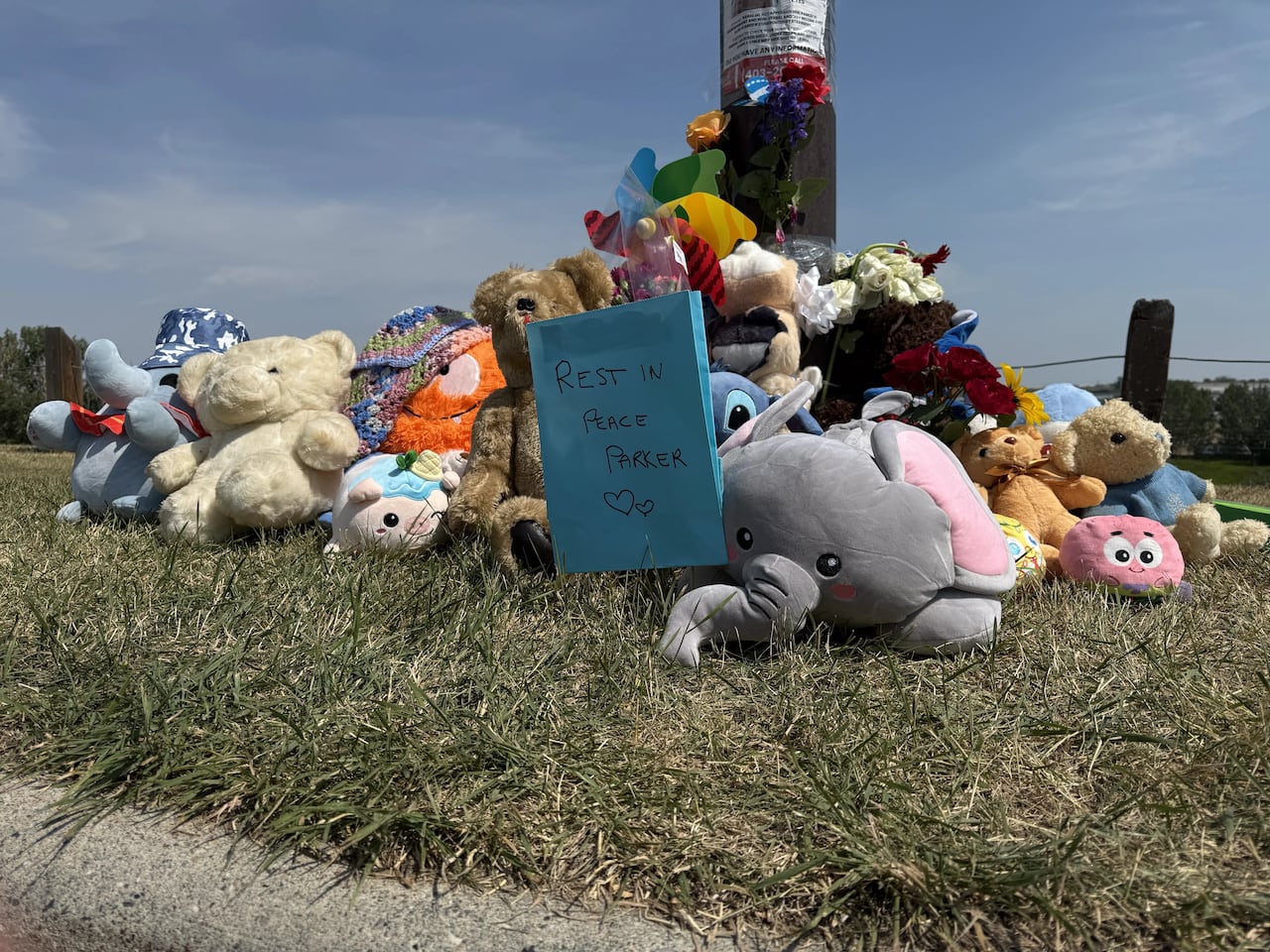 A pile of stuffed animals on the ground outside. A sign says 'Rest in peace Parker'