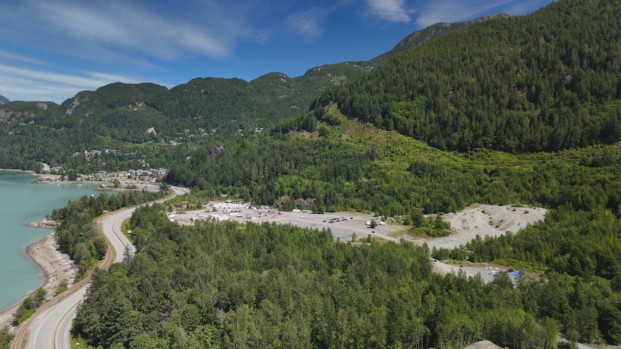 Drone shot of the area of a surf park.