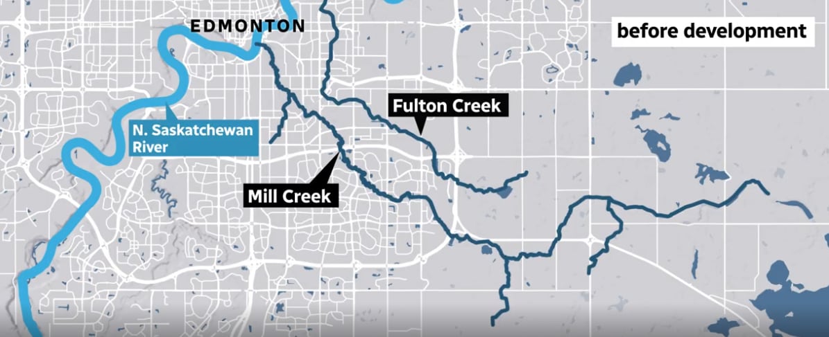 A map showing how some creeks in Edmonton flowed before the city developed.