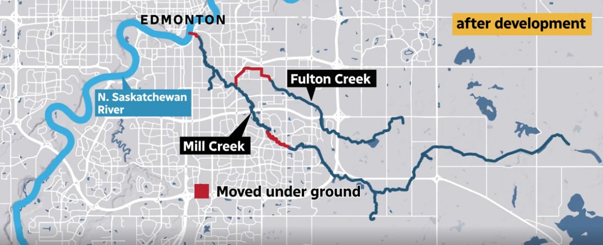 A map is showing where Mill and Fulton creeks were diverted underground in red.