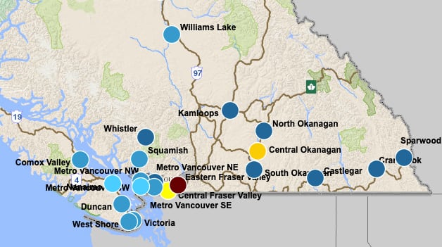A map filled with coloured dots. The darkest red is on the Eastern Fraser Valley. The Central Okanagan is orange and the Central Fraser Valley is yellow.