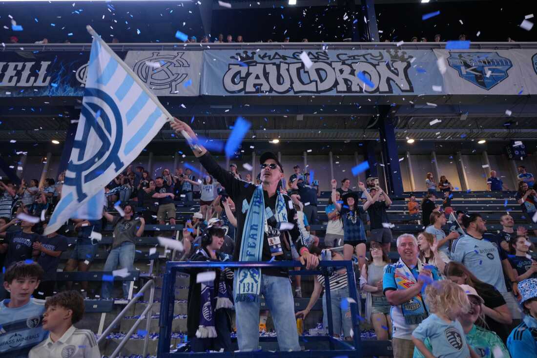 Sporting Kansas City fans celebrate a win over the LA Galaxy on May 13, 2026 in Kansas City, Kan.