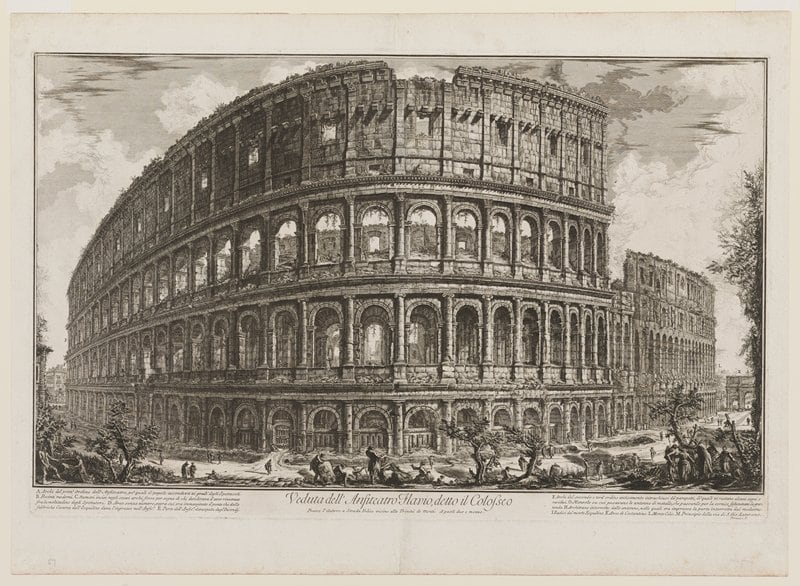 A sepia/black drawing of the Coliseum.