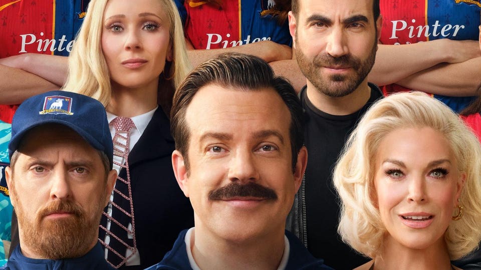 "Ted Lasso" Season 4 key art, featuring, clockwise from top left: Juno Temple, Brendan Hunt, Jason Sudeikis, Hannah Waddingham and Brett Goldstein.