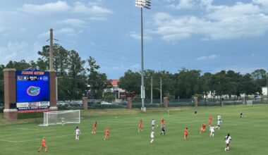 2026 University of Florida soccer team (front row from left): Iori Watanabe, Carlota Martins, Ella Petersen, Kelsey Smith, Emma Duval, Tatum Borman, Zoe Main, Sophia Sindelar, Adia Symmonds. Second row: Katie Johnston, Addison Dean, Lael Hill, Norah Abbott, Montelene Dymond, Kyra Taylor, Addy Hess, Nylah Norris, Mia Gray, Courtney Hogan. Back row: Assistant Coach Kerri Hanks Petersen, Associate Head Coach Jonathan Garbar, Charlotte Grim, Hannah Jibril, Conamora Ndana, Skye Barnes, Jayden Emmanuel, Paloma Peña, Paris Bice, Lena Bailey, Avery Upton, Breahn Fisher, Head Coach Nick Zimmerman, Assistant Coach David Styles