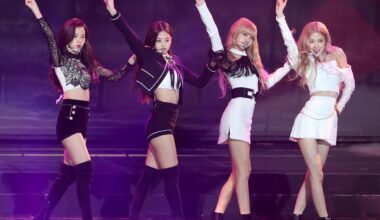 Members of K-pop girl group BLACKPINK, from left, Jisoo, Jennie, Lisa and Rosé perform during the 8th Gaon Chart Music Awards at Jamsil Indoor Gymnasium in Seoul, Jan. 23, 2019. Newsis