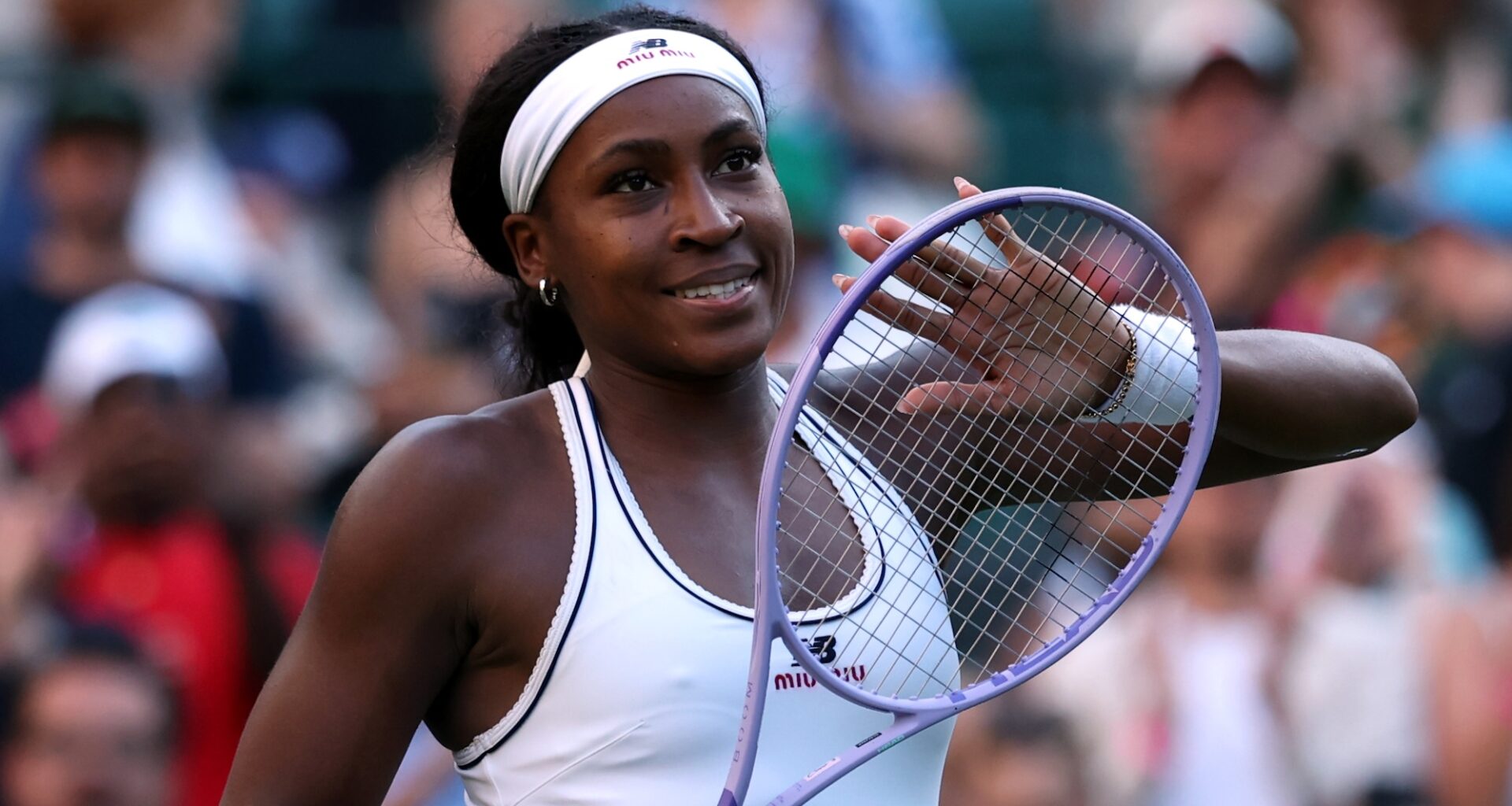 LONDON, ENGLAND - JULY 03: Coco Gauff of United States acknowledges the crowd following victory over Claire Liu of United States during their Ladies' Singles third round match on day five of The Championships Wimbledon 2026 at All England Lawn Tennis and Croquet Club on July 03, 2026 in London, England. (Photo by Cameron Spencer/Getty Images)