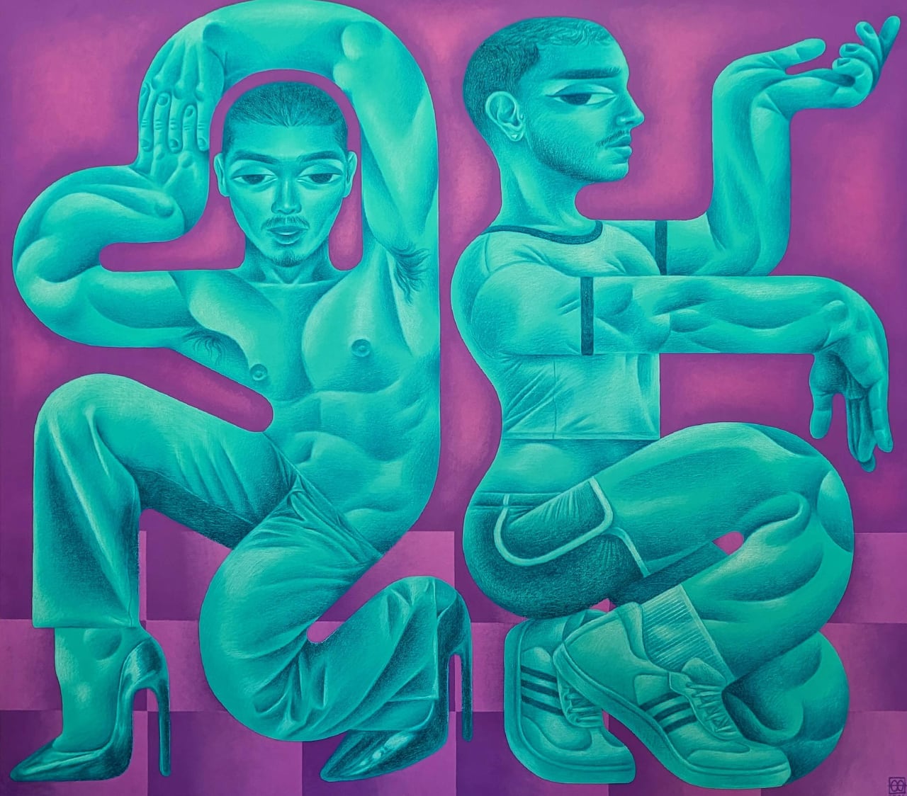 Colourful illustration of two dancing male figures rendered in a cubist-inspired style. Figures are teal on a purple background.