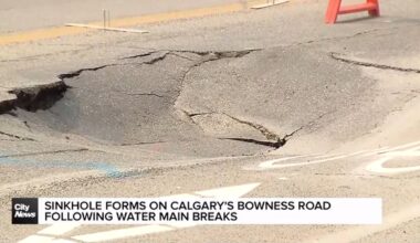 Sinkhole forms on Calgary’s Bowness Road following water main breaks