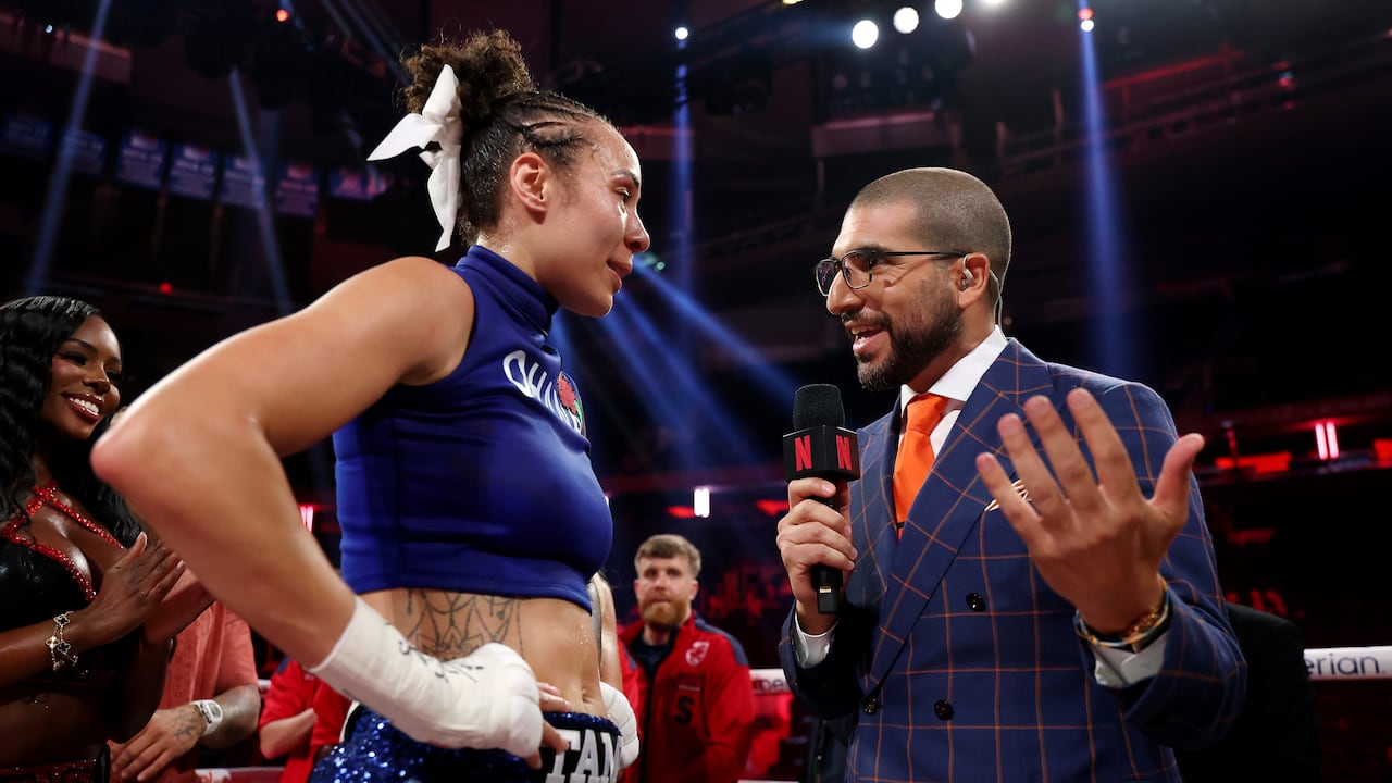 Tamm Thibeault is interviewed following victory over Mary Casamassa in their middleweight bout during Netflix's Katie Taylor vs Amanda Serrano 3 at Madison Square Garden on July 11, 2025 in New York City.