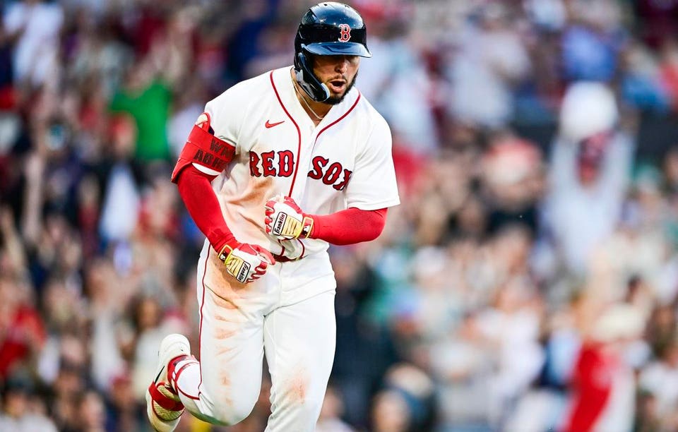Wilyer Abreu reacts to hitting a home run.