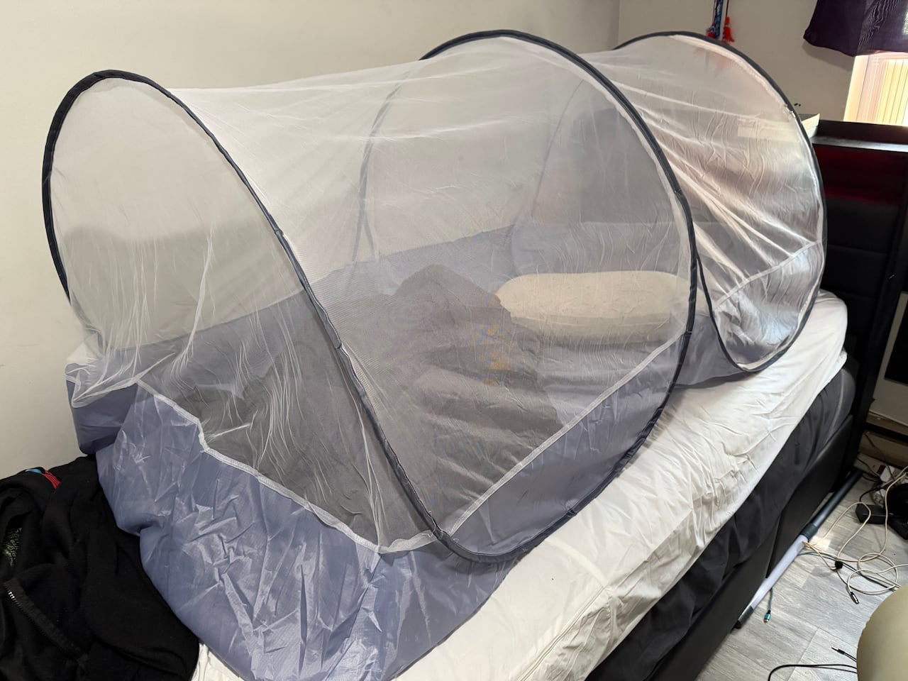 A cylindrical mosquito net on top of a bed.