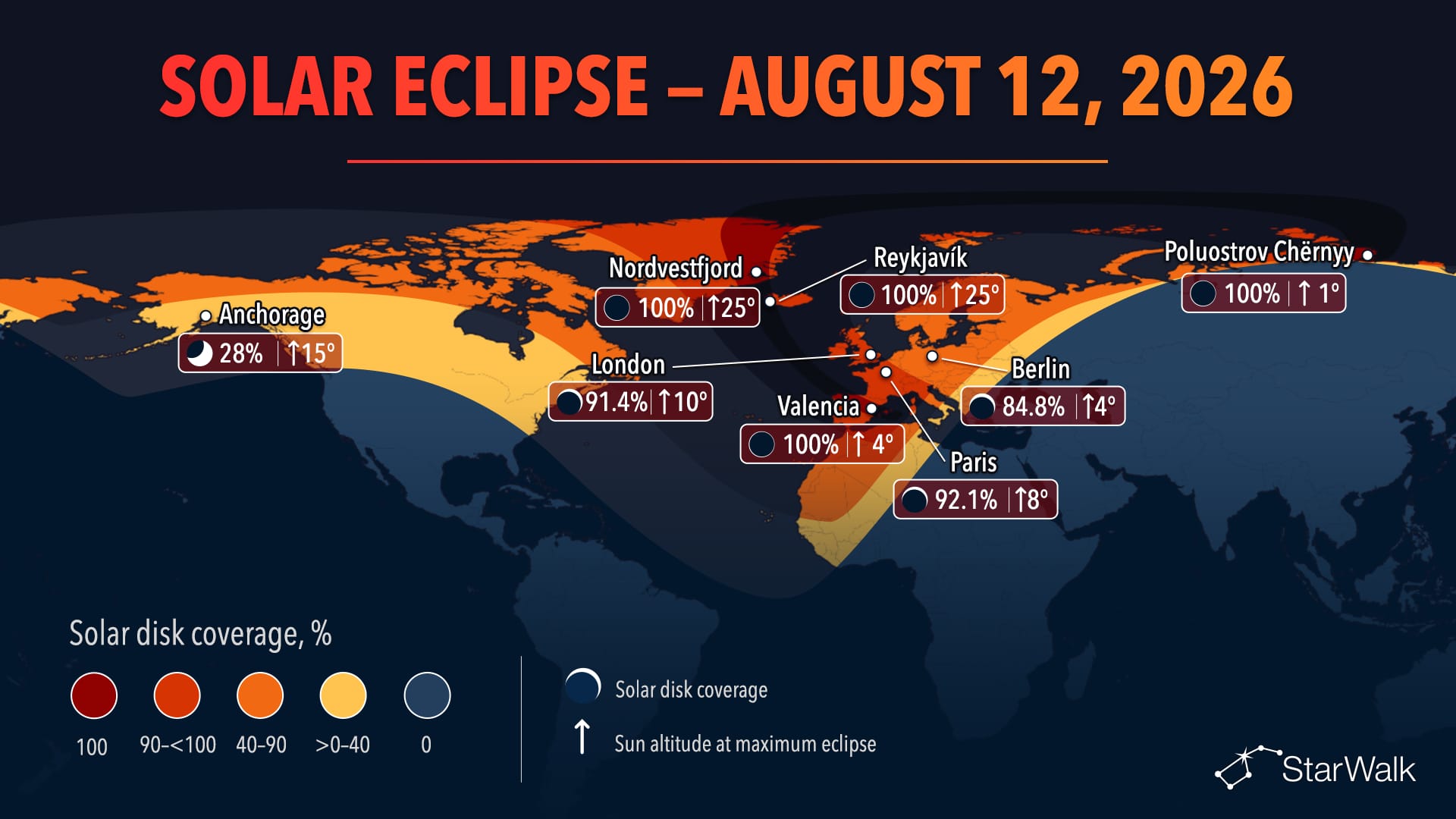 Map of the total solar eclipse path on August 12, 2026, across Greenland, Iceland, and Spain