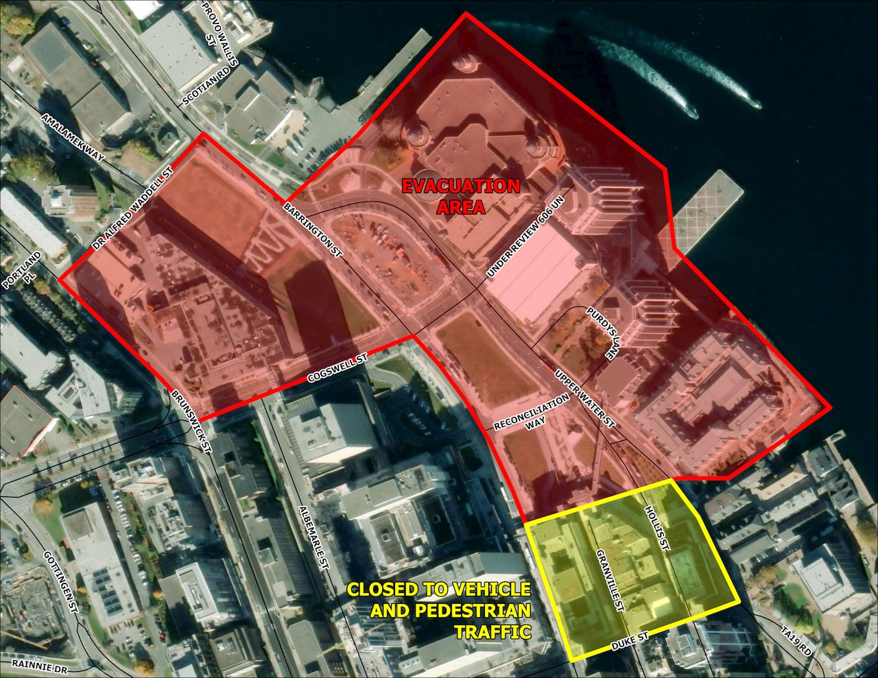 A map of downtown Halifax outlines the evacuation area in red and the streets that are closed to vehicle and pedestrian traffic in yellow.