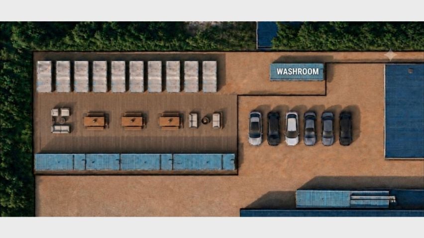 A birds-eye rendering of a development project that shows 10 tiny homes next to each other, next to a small parking area and washroom facility.