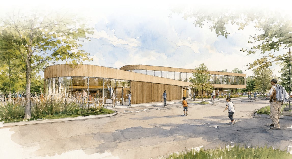 A drawing of a curvy, low-rise public building.