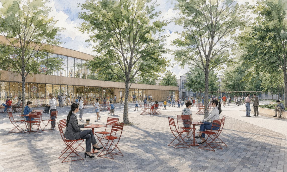 A rendering of people walking and working in a suburban plaza.