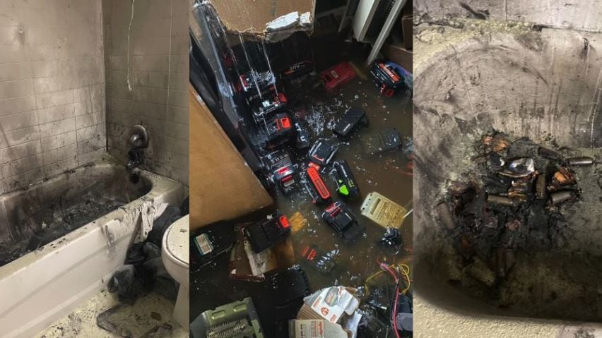 A series of images showing burned materials, battery cases and soot. Depicts damage from lithium-ion battery fires.