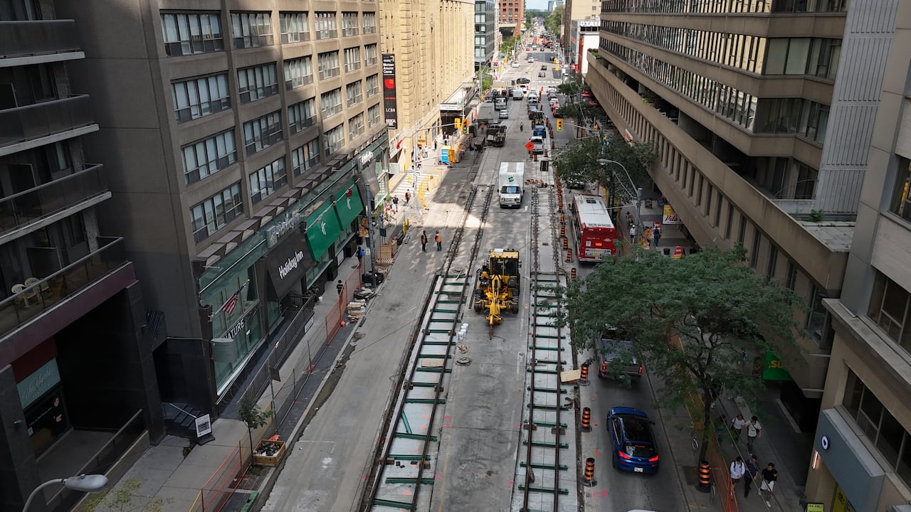 Drone shot of Carlton street where construction is underway.