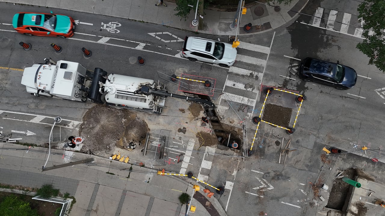 Drone shot of an active construction zone on Wellesley Street.