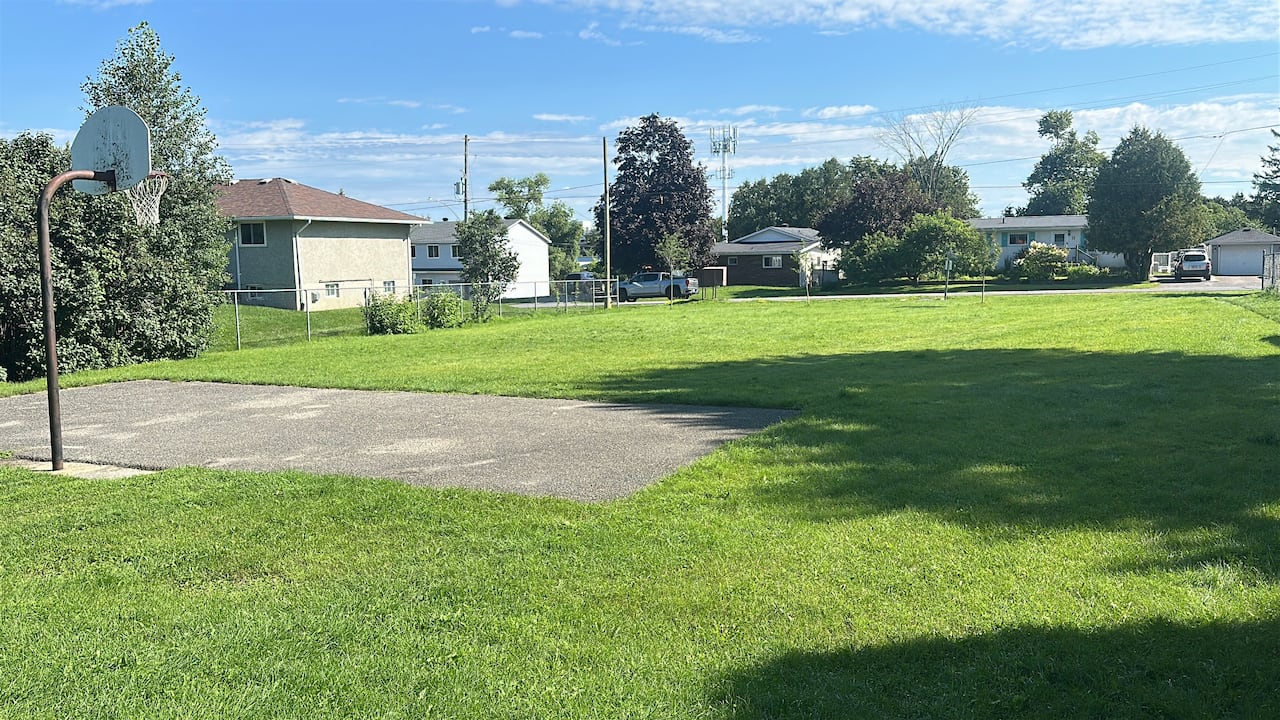 A park with a small basketball court on it.