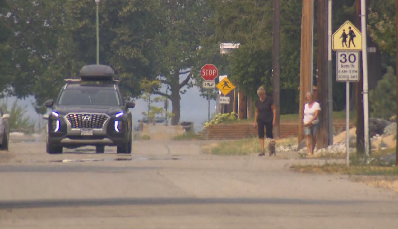 A car drives by two women walking their dogs amid smoky skies.