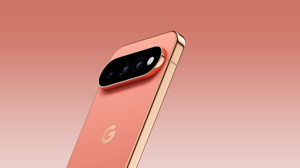 Google Pixel 11 Pro smartphone showing camera visor and coral gold finish