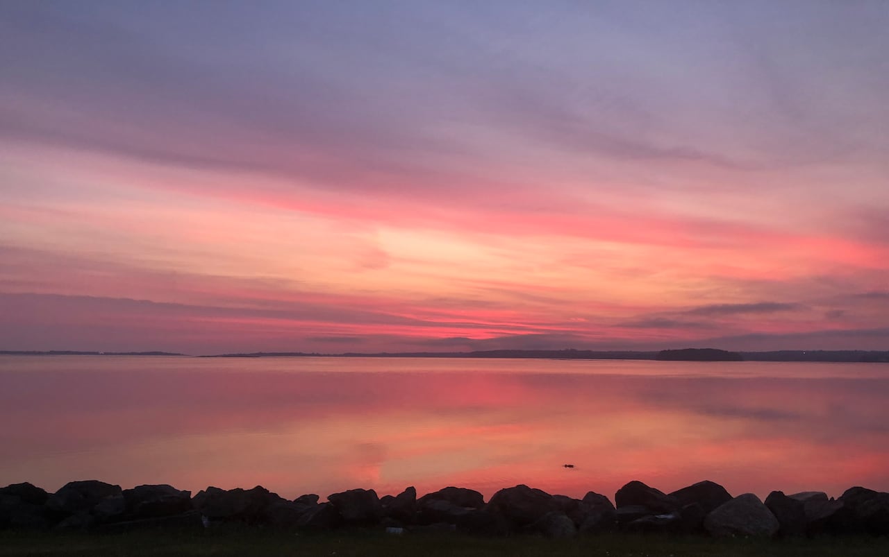 A sunrise with pink and purple hues over a body of water. Rocks are in the foreground of the photo.