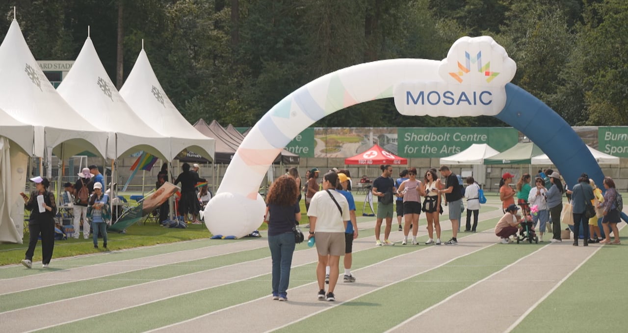 People walk on a running track, with a banner reading 'MOSAIC' hanging over it.