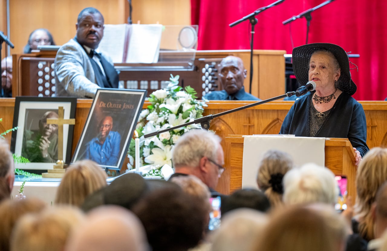 Monique Leclerc eulogizes her husband during the funeral of Quebec jazz musician Oliver Jones at Union United Church in Montreal on Thursday, Aug. 20, 2026. The award-winning pianist died July 22 at age 91.