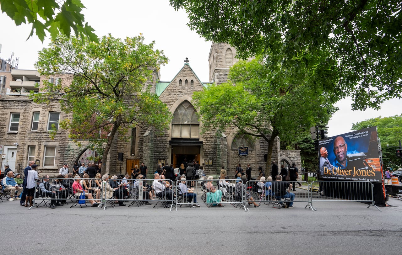 People attend the funeral of Quebec jazz musician Oliver Jones at Union United Church in Montreal on Thursday, Aug. 20, 2026. The award-winning pianist died July 22 at age 91.