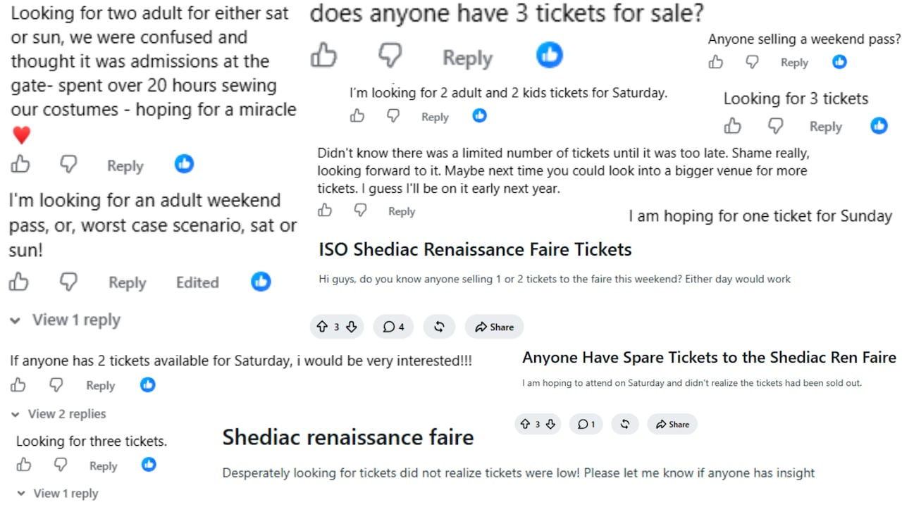 A composite photo of social media comments asking for available tickets to the Shediac Renaissance Festival