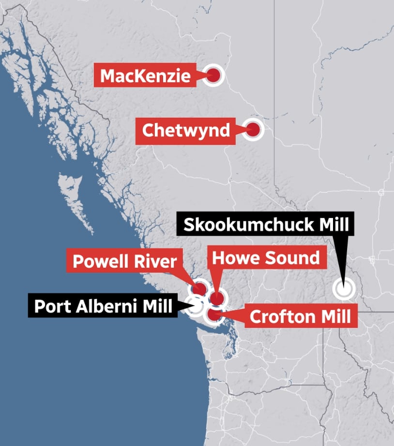 A map showing mills Domtar has acquired in B.C. since 2010.