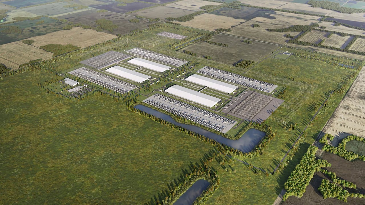 A rendering shows the plan for a data centre, appearing as though a photo has been taken from above by a helicopter.
