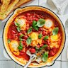 Danielle Alvarez’ tomato and basil poached eggs with crusty bread.