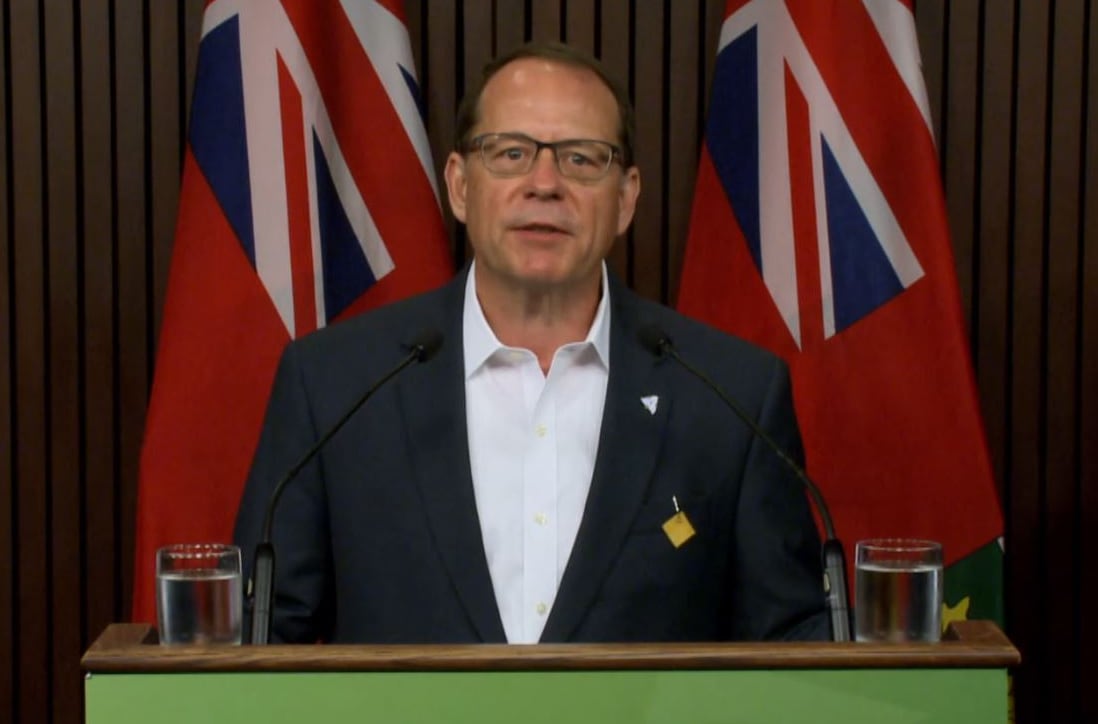 A man in a suit at a podium with a microphone in a media studio with two Ontario flags behind him