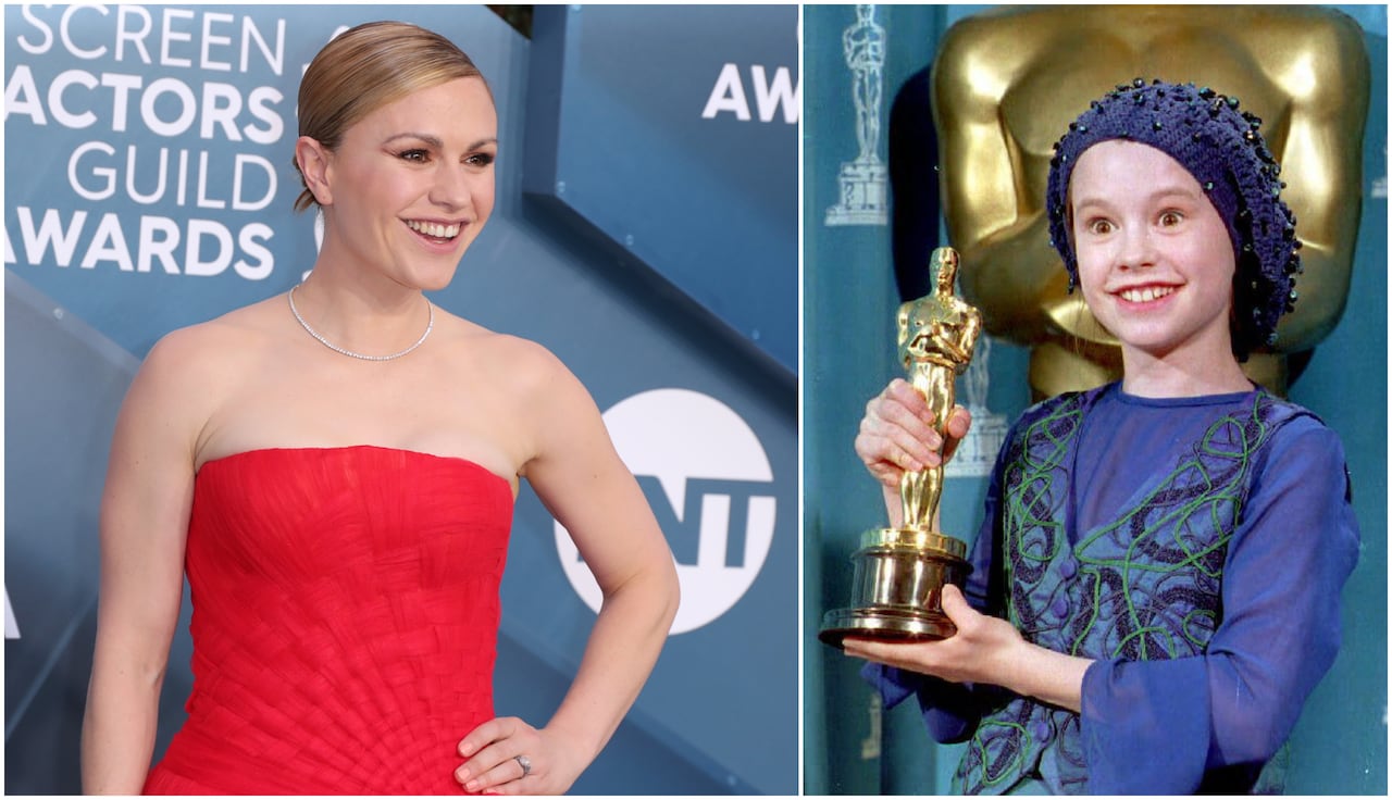 A composite image shows, at left, a blond woman with her hair pulled back, wearing a strapless red dress posing for a photo. At right is a photo of the same woman as a child, wearing a blue dress and beret, smiling as she holds an Oscar statuette.
