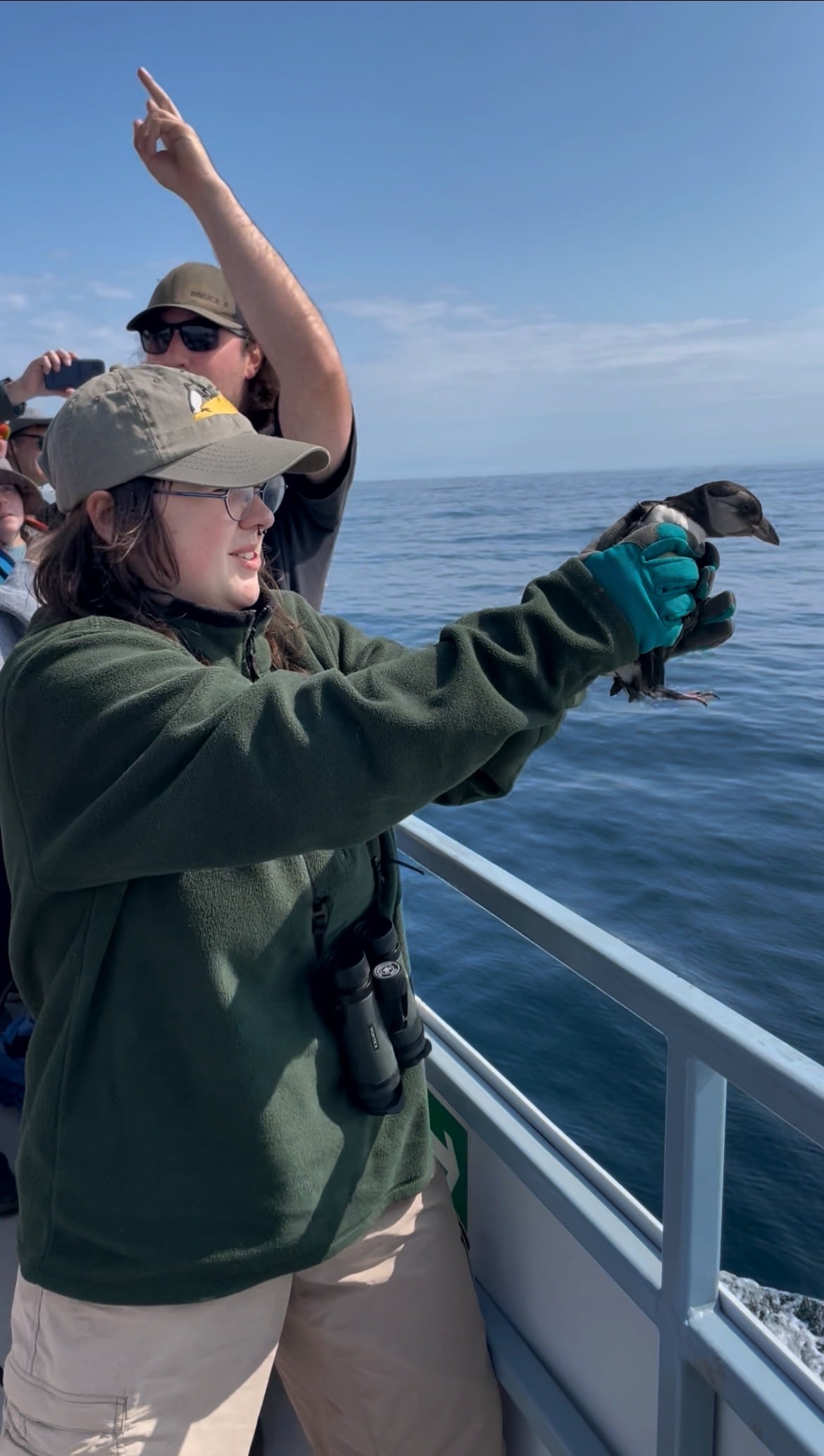 A woman holds a puffin while standing near the edge of the boat.
