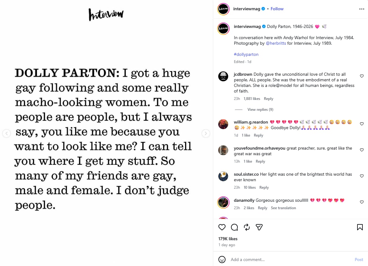 A quote that says: “I got a huge gay following and some really macho-looking women. To me, people are people."