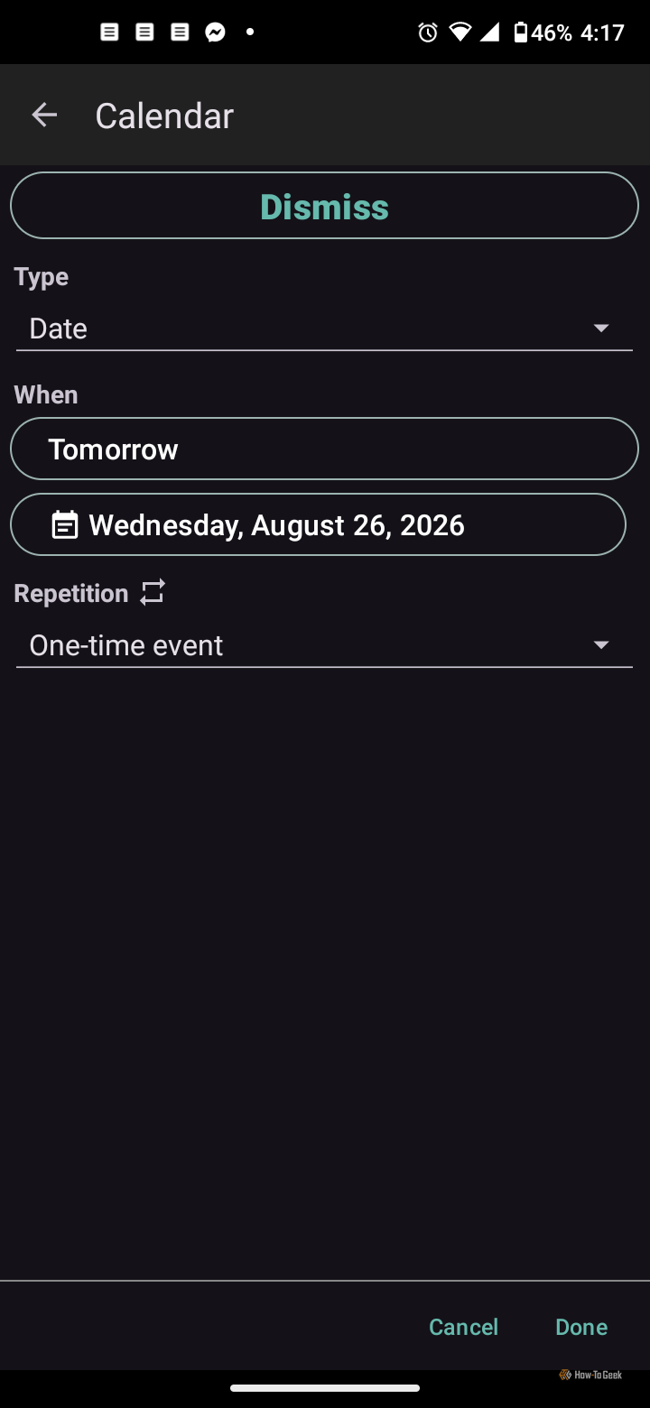 Android ColorNote app displaying Calendar settings for a scheduled task