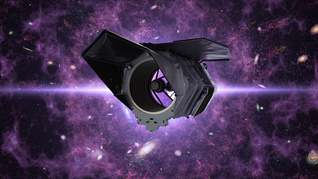 An illustration of a black satellite floats in space. It has an open circular center. The background is a cloud of vivid purple with pink dendritic connections, all over blackness. Galaxies and stars are sprinkled across the background.