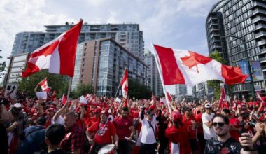 Canada fans march to B.C. Place stadium before Canada and Switzerland play a World Cup Group B soccer match, in Vancouver, on Wednesday, June 24, 2026. THE CANADIAN PRESS/Jacob Mallari