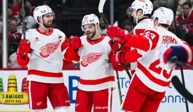 Detroit Red Wings center Dylan Larkin (71) celebrates with his teammates his goal against the Montreal Canadiens during the second period at Bell Centre.