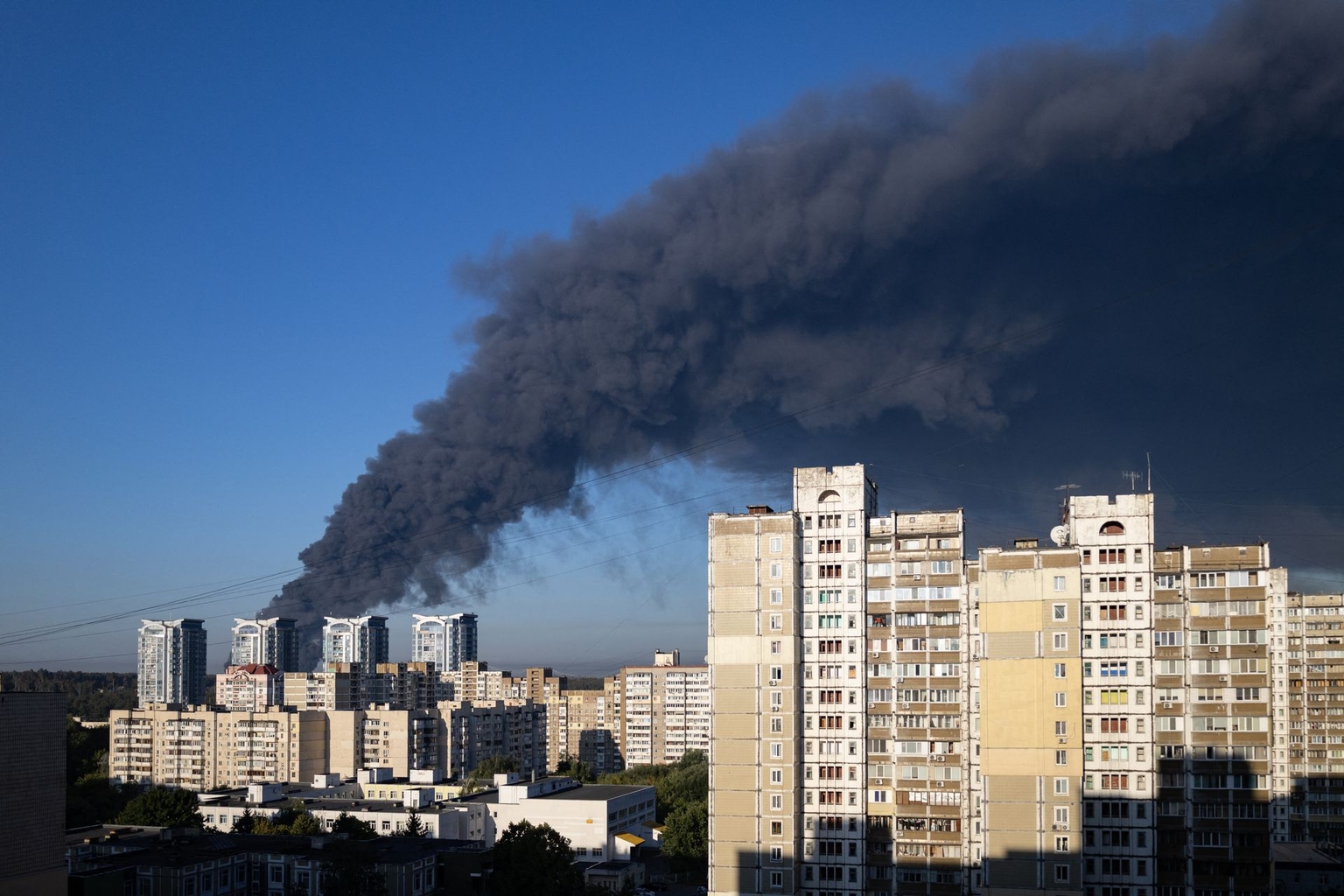 Smoke rises following a Russian air attack in Kyiv, Ukraine, on Aug. 29, 2026. 